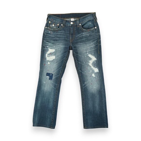 True Religion Men's Straight Paint Splatter Jeans Patched Size 34" x 31" Blue‎